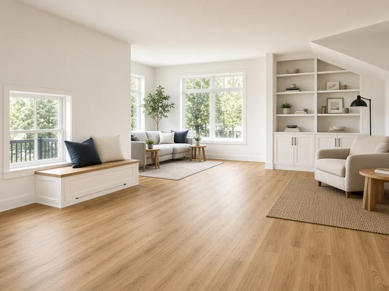 Bright lower-level family room with new plank flooring